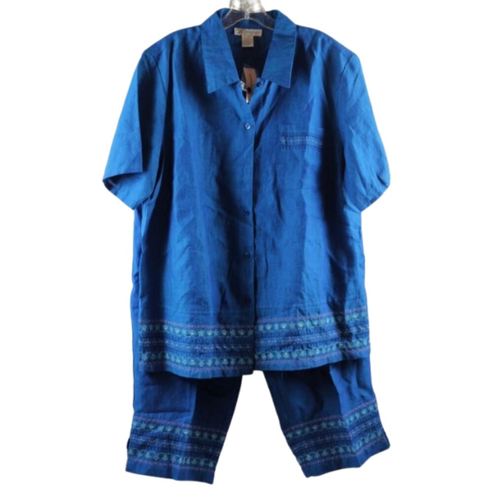 Dressbarn Blue 2 Piece Women's Short Sleeve Top & Ankle Pants Beaded Trim 18W